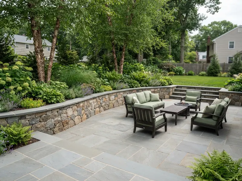 Custom stone patio and paver wall
