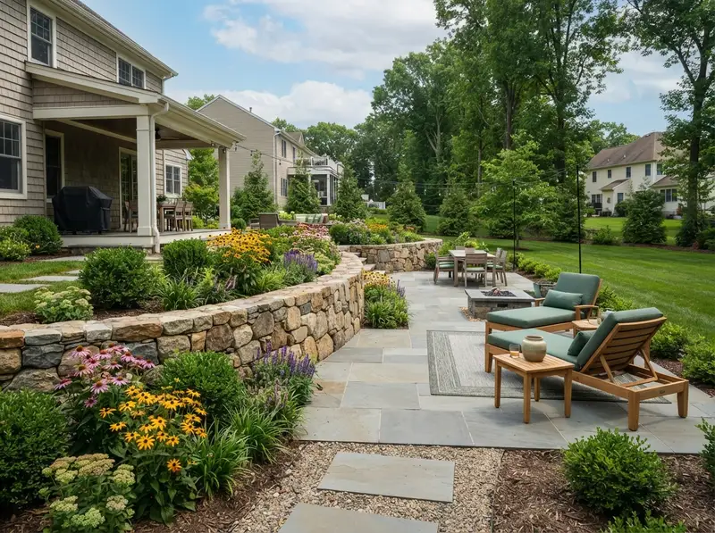 Custom bluestone patio and retaining wall