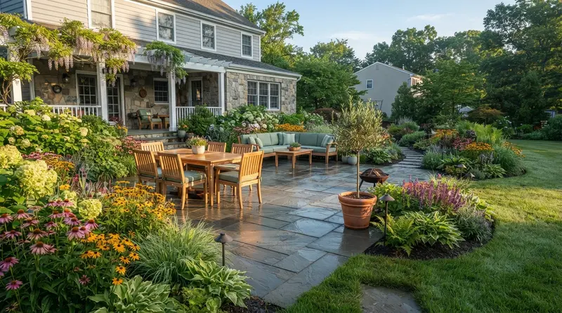 Beautiful landscaped backyard patio in NJ