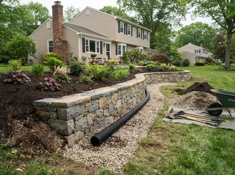 Retaining wall drainage installation in NJ