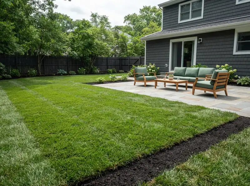 Newly installed lush green sod lawn